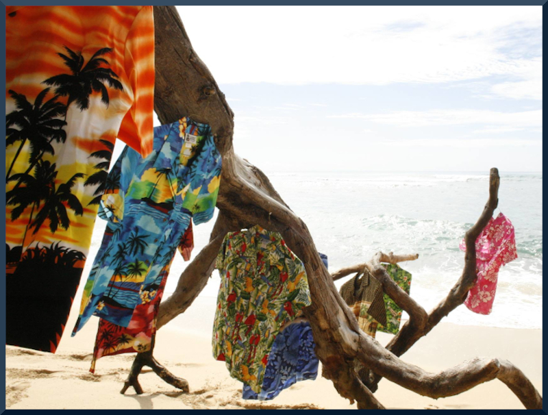 Das Bild zeigt Rocketeers original Hawaiihemden. Sie wehen im Wind an einem Strand auf Hawaii.